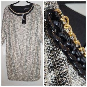 NWT Chetta B Metallic Grey Embellished Neckline Tweed Shift Dress Sz 16W Stretch